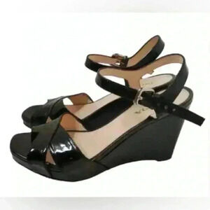 🔥🔥🔥Prada Sport Black Patent Leather Wedge Platform Ankle Strap Sandals Size
